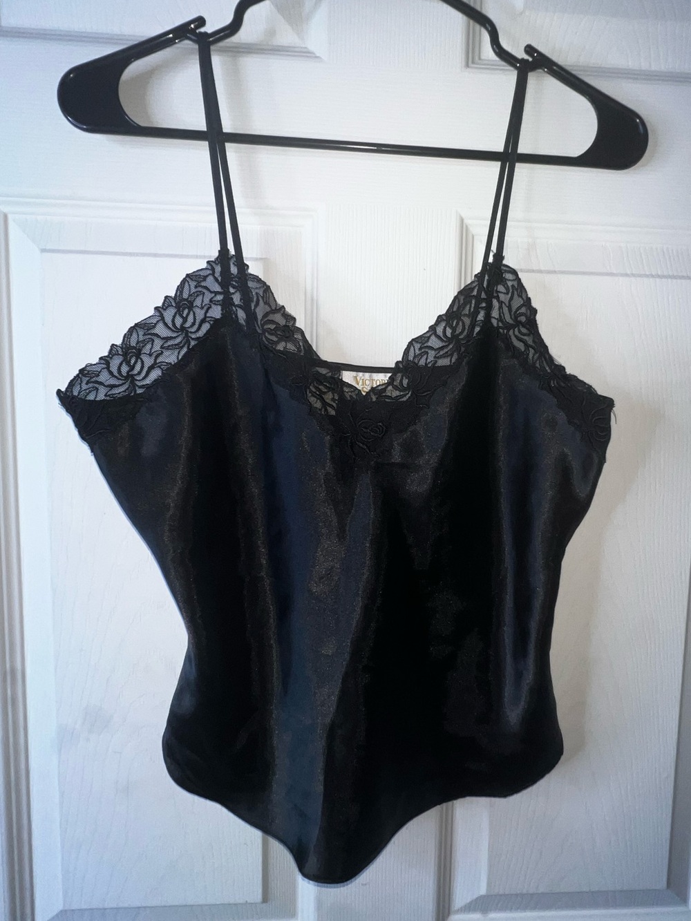 Victoria's Secret Vintage Gold Label Black Satin Lace-Trim Cami Size Small